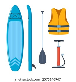 Stand Up Paddle board Accessories. Basic set for SUP. Inflatable board, paddle, life jacket, pump.