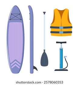 Stand Up Paddle board Accessories. Basic set for SUP. Inflatable board, paddle, life jacket, pump.