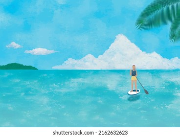 Stand Up Paddle board and beautiful sea watercolor