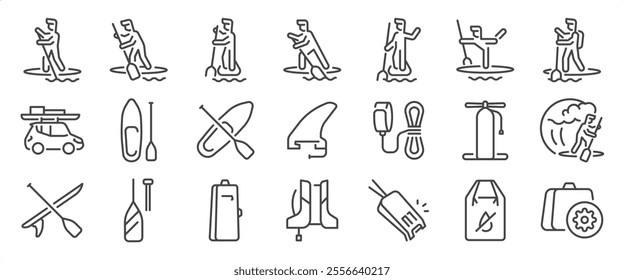 Stand up paddle board icon set. It included contexts such as Stand Up Paddle, SUP, Paddle Boarding, boarding, surfing, and more. Editable Vector Stroke.