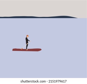 Stand up paddle board man paddle boarding on blue water. Active people, outdoors activities, and healthy lifestyle. Vector illustration in flat style