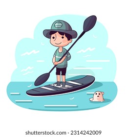 Stand up paddle board man paddleboarding. Summer holidays vacation travel. Cartoon vector illustration. label, sticker 