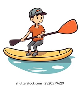 Stand up paddle board man paddleboarding. Summer holidays vacation travel. Cartoon vector illustration. label, sticker 