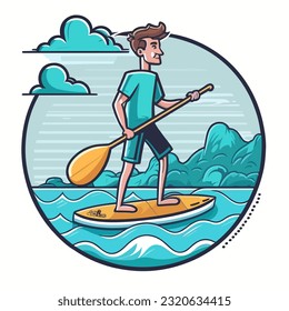 Stand up paddle board man paddleboarding. Summer holidays vacation travel. Cartoon vector illustration. label, sticker 