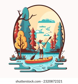 Stand up paddle board man paddleboarding. Summer holidays vacation travel. Cartoon vector illustration. label, sticker 