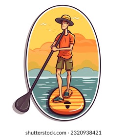 Stand up paddle board man paddleboarding. Summer holidays vacation travel. Cartoon vector illustration. label, sticker 