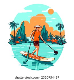 Stand up paddle board man paddleboarding. Summer holidays vacation travel. Cartoon vector illustration. label, sticker 