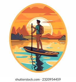 Levántate el paddle board. Viajes de vacaciones de verano. Ilustración vectorial de dibujos animados. etiqueta, pegatina 