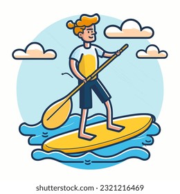 Stand up paddle board man paddleboarding. Summer holidays vacation travel. Cartoon vector illustration. label, sticker 