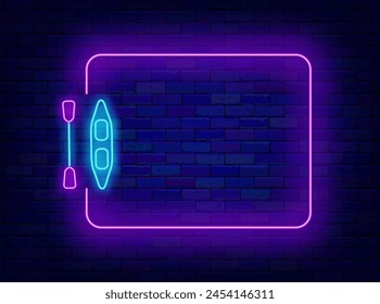 Stand up paddle board neon advertising. SUP-board. Summer vacation. Empty purple frame. Sea sport. Water activity. Beach club greeting card. Copy space. Editing text. Vector stock illustration