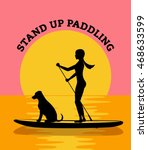 Stand up paddle board sunset vector illustration. woman and dog silhouette 