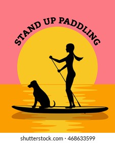 Stand up paddle board sunset vector illustration. woman and dog silhouette 