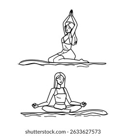 stand paddle board vetor de ioga. up sup, menina mulher, surfe pôr do sol stand paddle board yoga personagem. pessoas linha preta lápis desenho ilustração