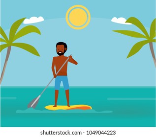 Stand up paddle boarder exercising in the ocean. Summer Vacation. Cartoon vector illustration. Sea tour. African american family. Flat cartoon illustration. Lifestyle.