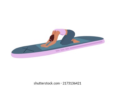 Stand up paddle boarding concept. SUP Yoga. Women doing asana and exercises on a stand up paddle board. Flat cartoon vector illustration