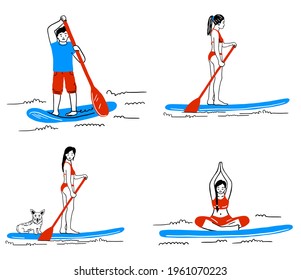 Stand Up Paddle Boarding elements collection. SUP surfing cartoon vector illustration set with young woman, inflatable supboard, backpack, paddle, pump and lettering isolated on a white