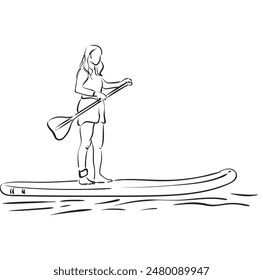 Párate a remar. Surfista femenina con paddle. Paddleboard, SUP fitness en el agua. Surfrider a bordo. Abstractas contorno aislado de surfista.