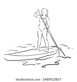 Párate a remar. Surfista femenina con paddle. Paddleboard, SUP fitness en el agua. Surfrider a bordo. Abstractas contorno aislado de surfista.