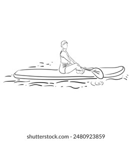 Stand up paddle boarding. Female surfer with paddle. Paddleboarding, SUP fitness on water. Surfrider girl on board. Abstract isolated contour of surfboarder.