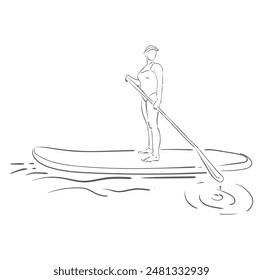 Párate a remar. Surfista femenina con paddle. Paddleboard, SUP fitness en el agua. Surfrider a bordo. Abstractas contorno aislado de surfista.