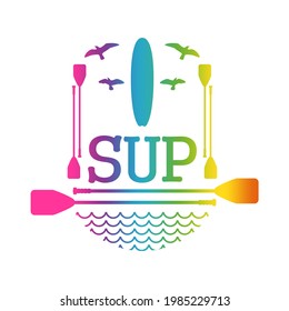 Stand up paddle boarding flat emblem illustration