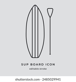 Stand up paddle boarding icon. Surfing in paddle sign. Paddleboarding design element. SUP fitness vector illustration. Isolated contour of SUP Board on white background.