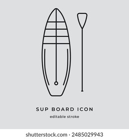 Icono de subir a remo. Surfeando en el signo del pádel. Elemento de diseño de paleta. SUP Ilustración vectorial de fitness. Contorno aislado de Tablero SUP sobre fondo blanco.