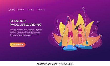 Stand up paddle boarding landing page template. Vector SUP boarding design concept. A man and a woman standing on boards with flower background