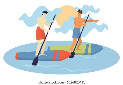 Levántate el embarque de remo. Amigos hombres chapoteando en tablas de sup en el océano. Amistad y deporte de verano, entrenamiento de hombres, pasatiempos al aire libre. Ilustración vectorial plana de color, fondo blanco.