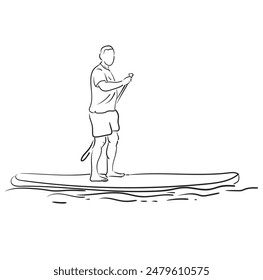 Stand up paddle boarding. Male surfer with paddle. Paddleboarding, SUP fitness on water. Surfrider guy on board. Abstract isolated contour of surfboarder.