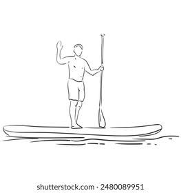 Stand up paddle boarding. Male surfer with paddle. Paddleboarding, SUP fitness on water. Surfrider guy on board. Abstract isolated contour of surfboarder.