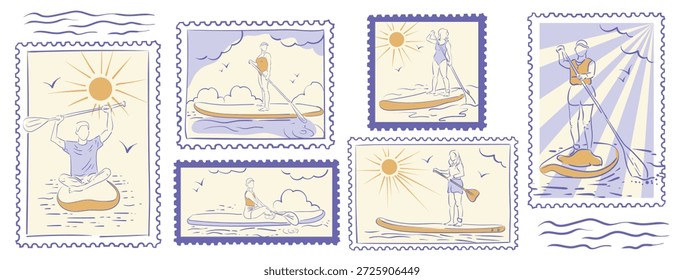 Levante-se paddle embarque selos postais em estilo desenhado à mão. Vetor de esboço desportivo definido em estilo vintage.