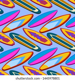 Stand Up Paddle Boarding SUP surfing cartoon elements cute seamless pattern vector illustration with different supboards on a blue background EPS