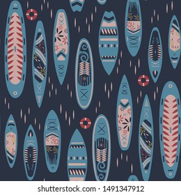 Stand Up Paddle Boarding SUP surfing colorful elements cute seamless pattern vector illustration with supboard, lifebuoy and wave on a dark blue background