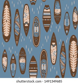 Stand Up Paddle Boarding SUP surfing colorful elements cute seamless pattern vector illustration with supboard, lifebuoy and wave on a blue background 