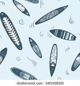 Stand Up Paddle Boarding SUP surfing elements cute seamless pattern vector illustration with supboard, paddle, lifebuoy, waves on a blue background.