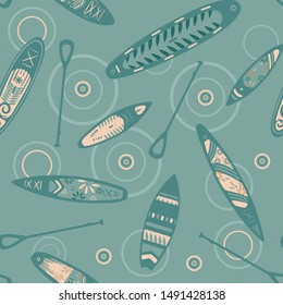 Stand Up Paddle Boarding SUP surfing elements cute seamless pattern vector illustration with supboard, paddle, circles on the water on a azure background.