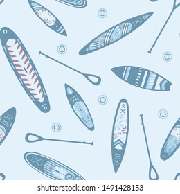 Stand Up Paddle Boarding SUP surfing elements cute seamless pattern vector illustration with supboard, paddle, circles on the water on a blue background.