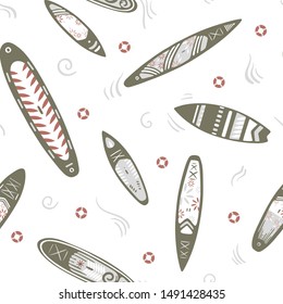 Stand Up Paddle Boarding SUP surfing elements cute seamless pattern vector illustration with supboard, paddle, lifebuoy, waves on a white background.