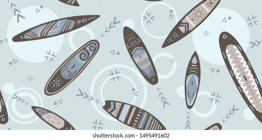 Stand Up Paddle Boarding SUP surfing elements cute seamless pattern vector illustration with supboard, waves in scandinavian style design on a blue background.