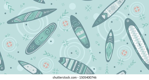 Stand Up Paddle Boarding SUP surfing elements cute seamless pattern vector illustration with supboard, waves, lifebuoy on a azure background.