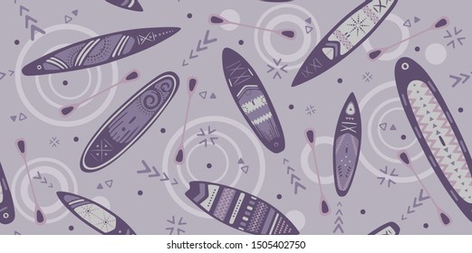 Stand Up Paddle Boarding SUP surfing elements cute seamless pattern vector illustration with supboard, waves, lifebuoy on a purple background.