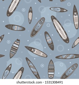 Stand Up Paddle Boarding SUP surfing elements cute seamless pattern vector illustration with supboard, paddle, lifebuoy, waves on a blue background
