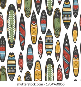 Stand Up Paddle Boarding SUP surfing elements cute seamless pattern vector illustration with supboard, waves in scandinavian style design on a white background.