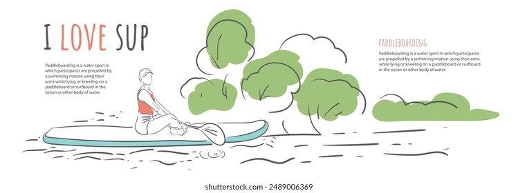 Stand Up Paddle Boarding. SUP Surfing Vektorgrafik Banner Vorlage. Ein Surfer mit einem Paddel vor einem Hintergrund von Büschen treibt den Fluss entlang. Paddeln, SUP Fitness auf dem Wasser.