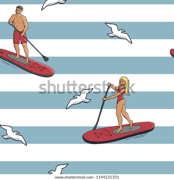 Stand Paddle Boarding Sup Surfing Cartoon のベクター画像素材 ロイヤリティフリー