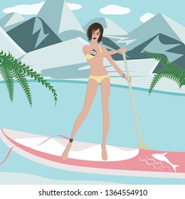 Stand Up paddle boarding - woman, stylish, in a swimsuit - water, mountains, green - vector. Water sport