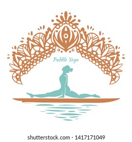 Stand Up Paddle Boarding yoga collection. SUP surfing vector illustration with young woman practicing asanas on a supboard on white background with colorful mandala - Vector