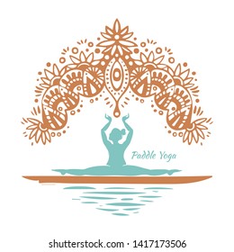 Stand Up Paddle Boarding yoga collection. SUP surfing vector illustration with young woman practicing asanas on a supboard on white background with colorful mandala - Vector