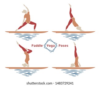 Stand Up Paddle Boarding yoga collection. SUP surfing vector illustration with young woman practicing asanas on a supboard on white background - Vector